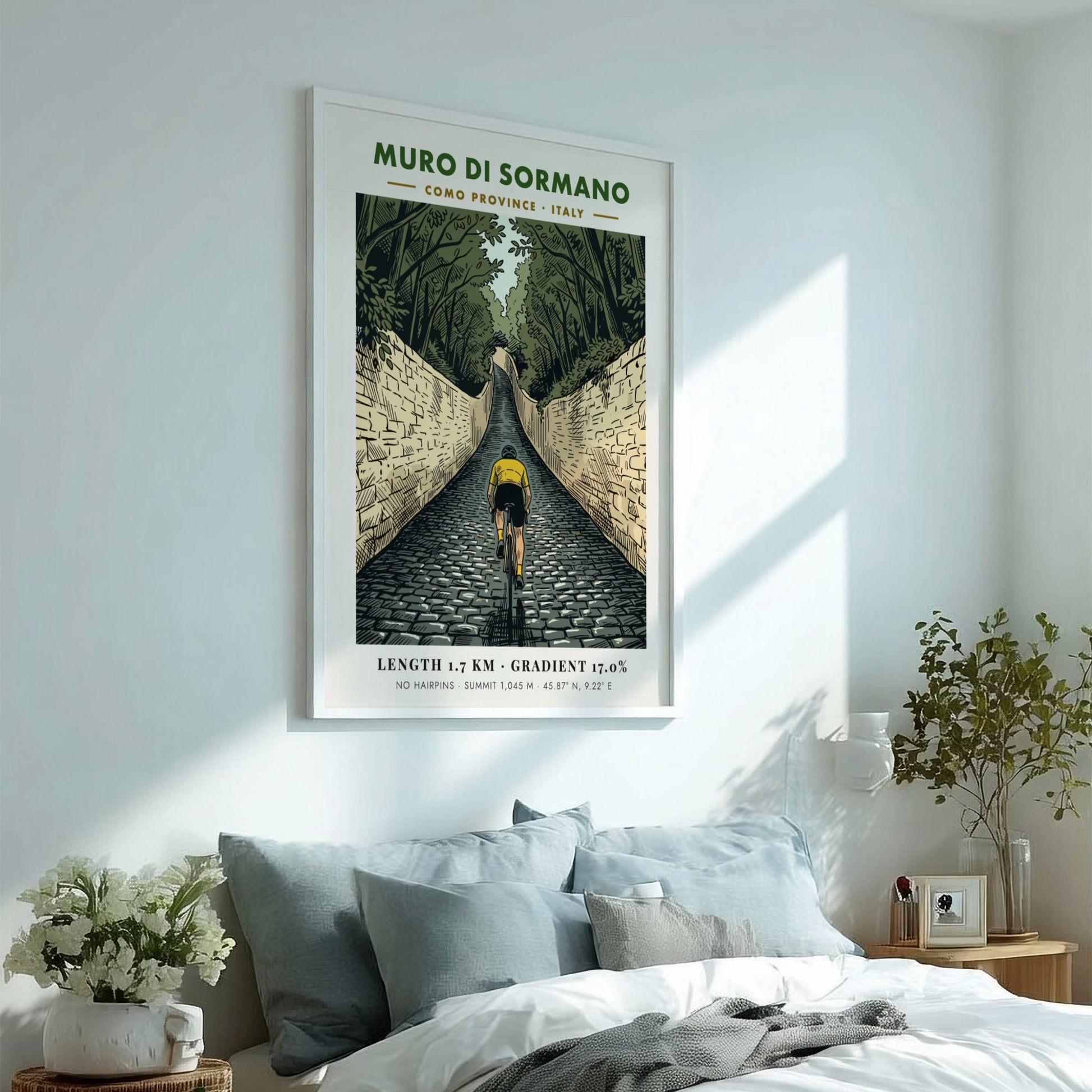 Poster featuring a cyclist climbing the steep cobblestone Muro Di Sormano in Italy.