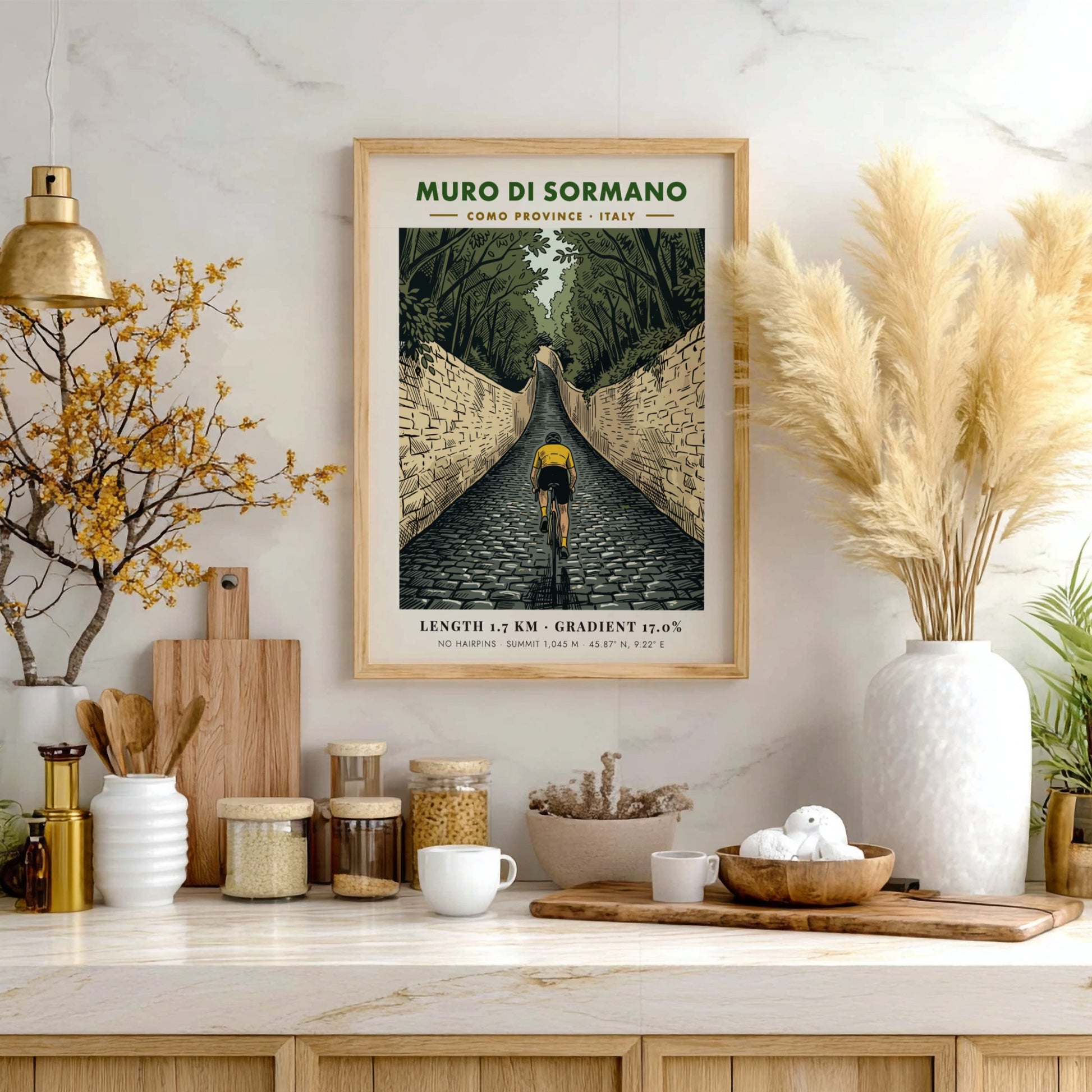 Poster featuring a cyclist climbing the steep cobblestone Muro Di Sormano in Italy.