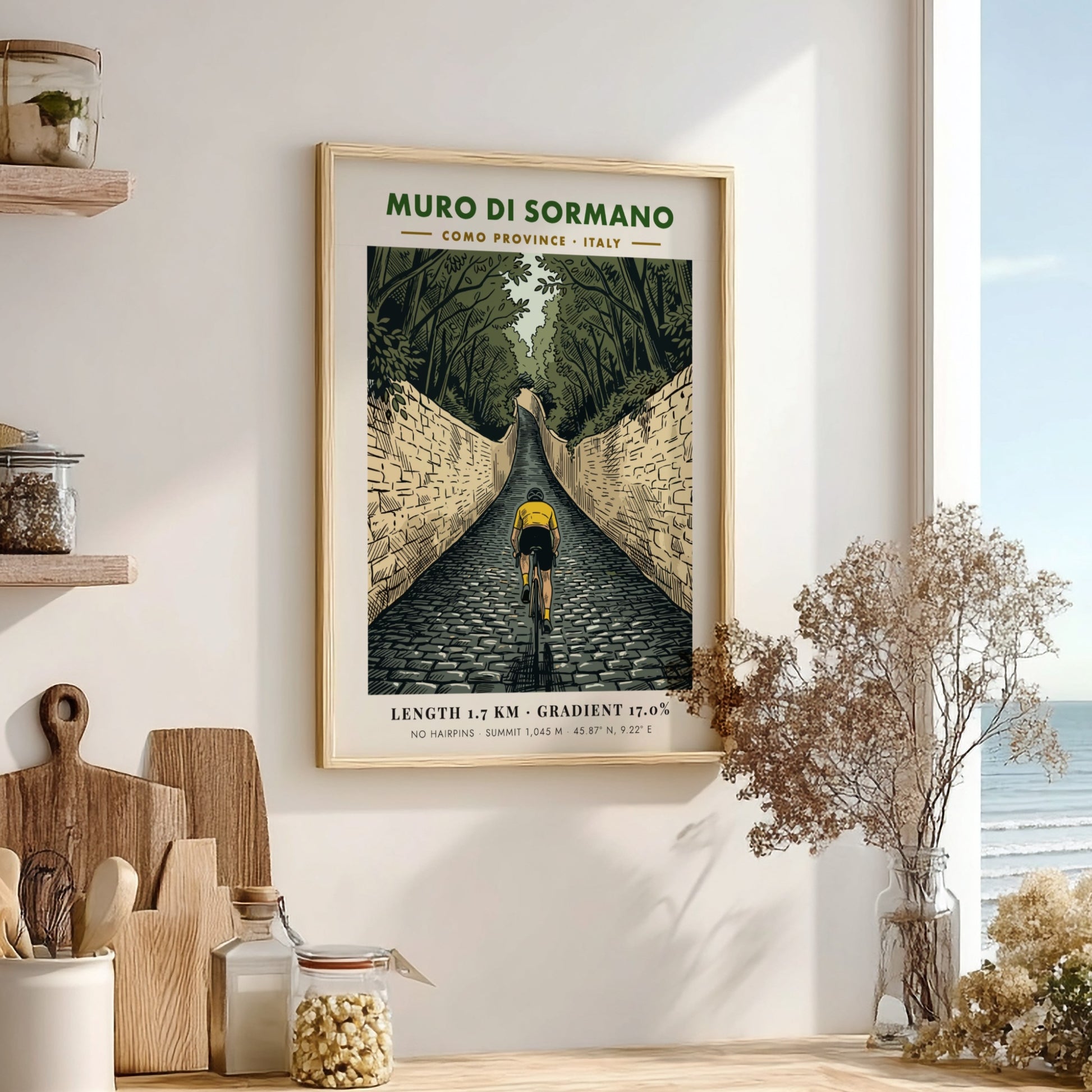 Poster featuring a cyclist climbing the steep cobblestone Muro Di Sormano in Italy.