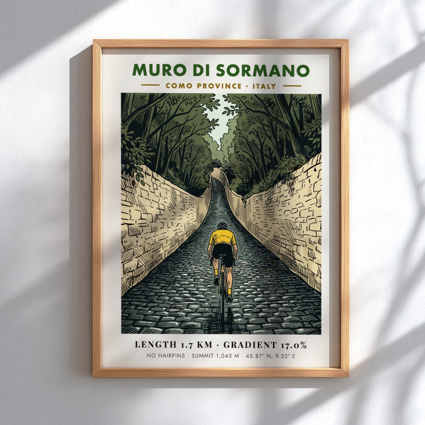 Poster featuring a cyclist climbing the steep cobblestone Muro Di Sormano in Italy.