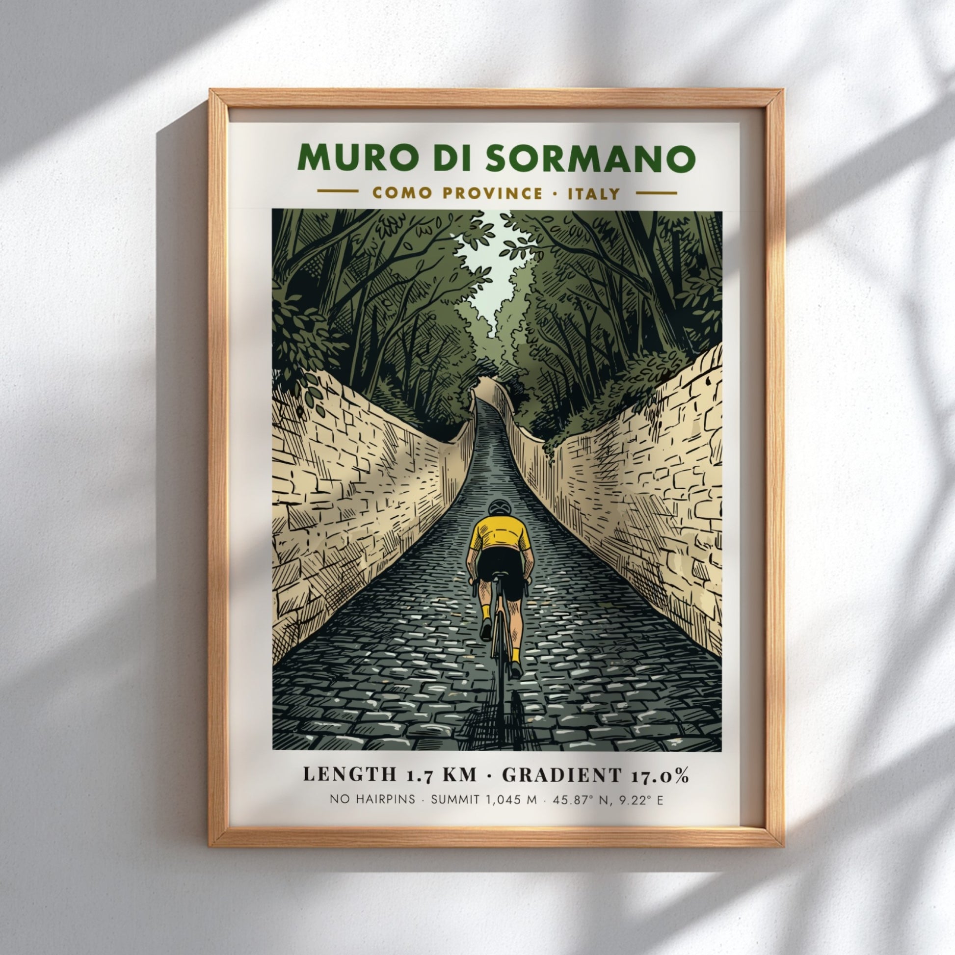 Poster featuring a cyclist climbing the steep cobblestone Muro Di Sormano in Italy.