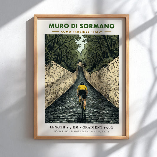 Poster featuring a cyclist climbing the steep cobblestone Muro Di Sormano in Italy.