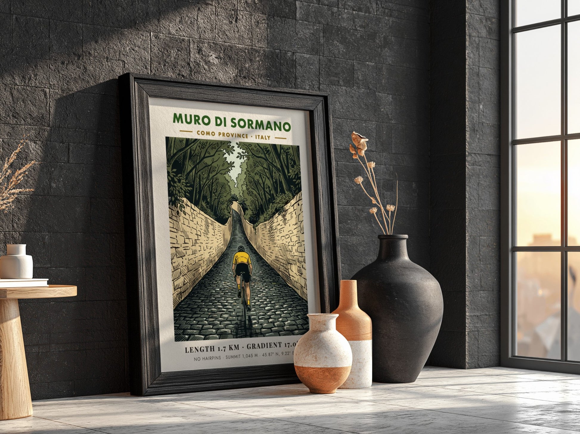 Poster featuring a cyclist climbing the steep cobblestone Muro Di Sormano in Italy.