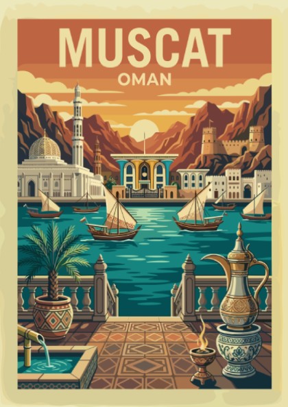 Vintage travel poster of Muscat, Oman, featuring dhow boats and mountains in a warm color palette.