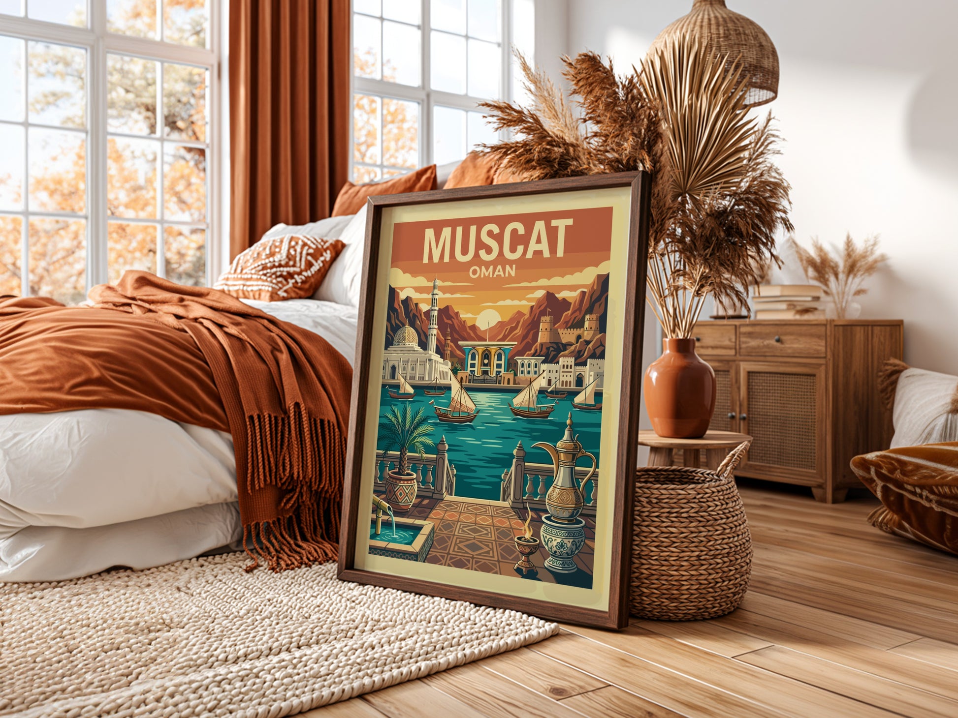 Vintage travel poster of Muscat, Oman, featuring dhow boats and mountains in a warm color palette.