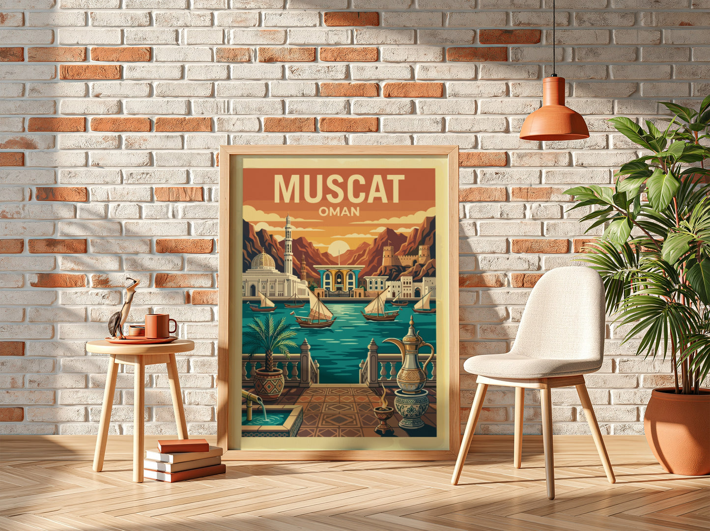 Vintage travel poster of Muscat, Oman, featuring dhow boats and mountains in a warm color palette.