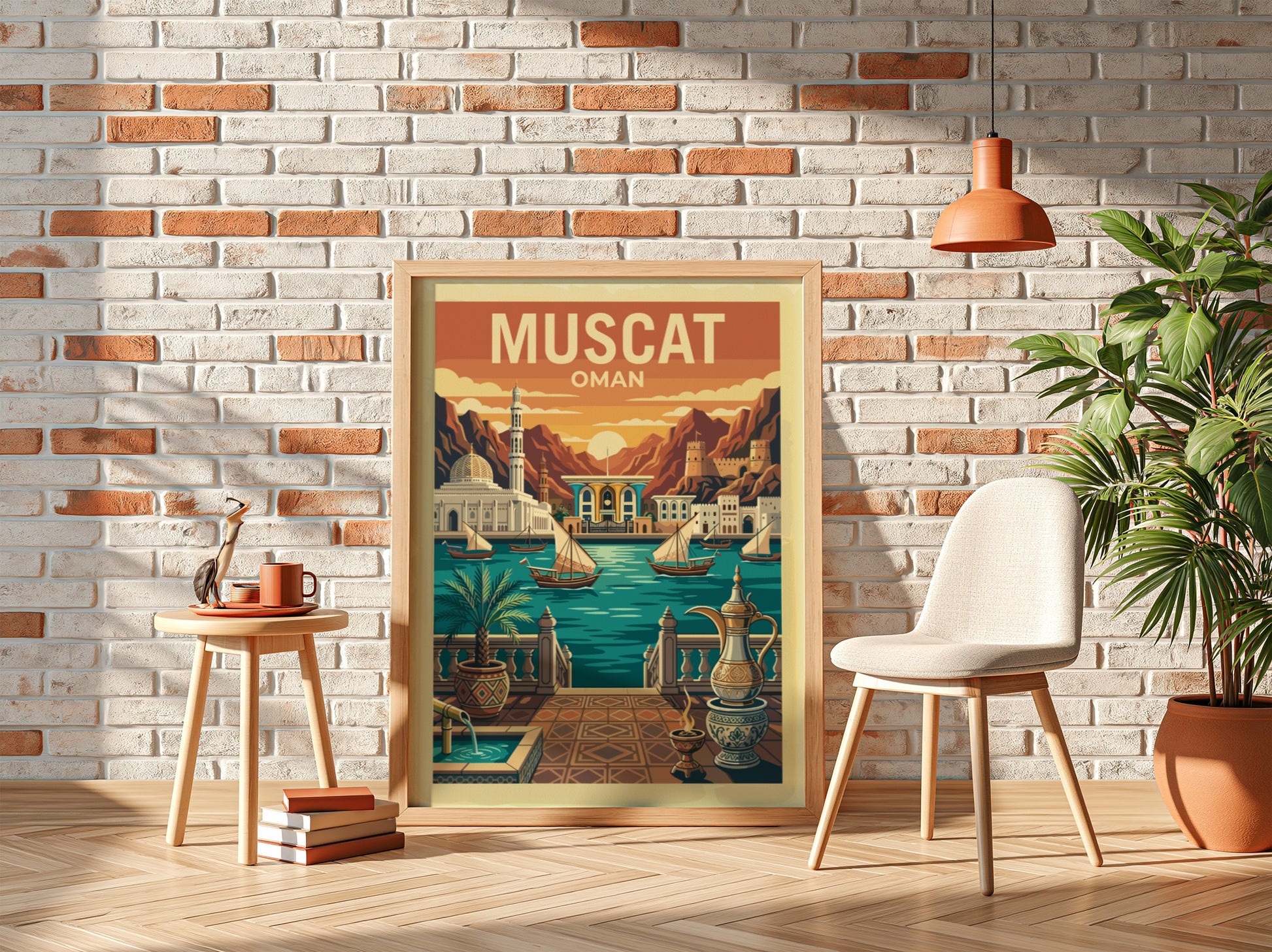 Vintage travel poster of Muscat, Oman, featuring dhow boats and mountains in a warm color palette.