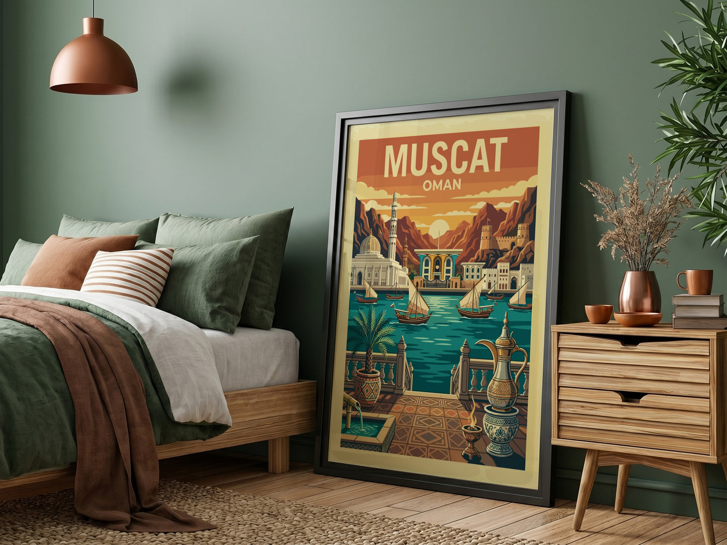 Vintage travel poster of Muscat, Oman, featuring dhow boats and mountains in a warm color palette.