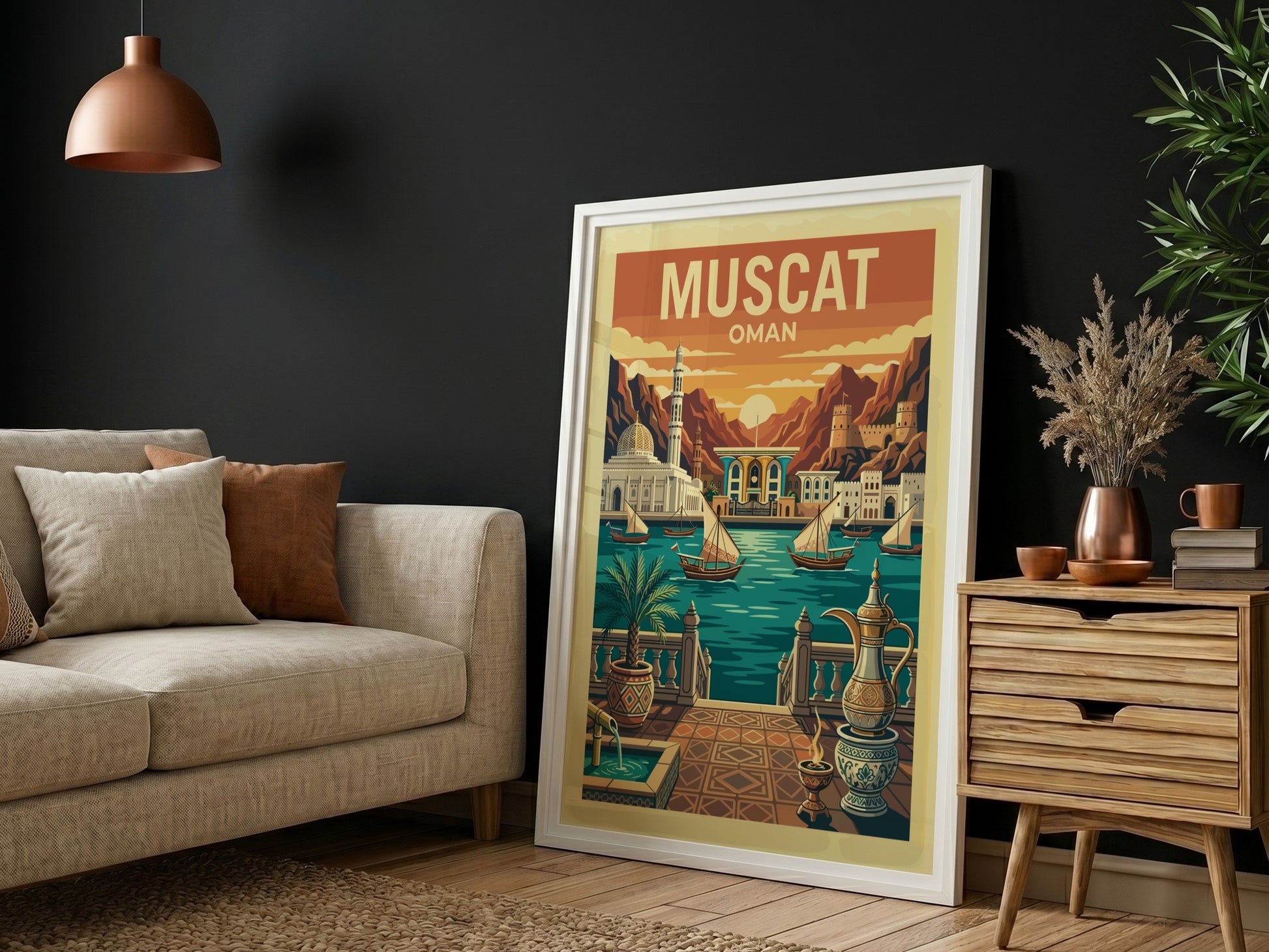 Vintage travel poster of Muscat, Oman, featuring dhow boats and mountains in a warm color palette.