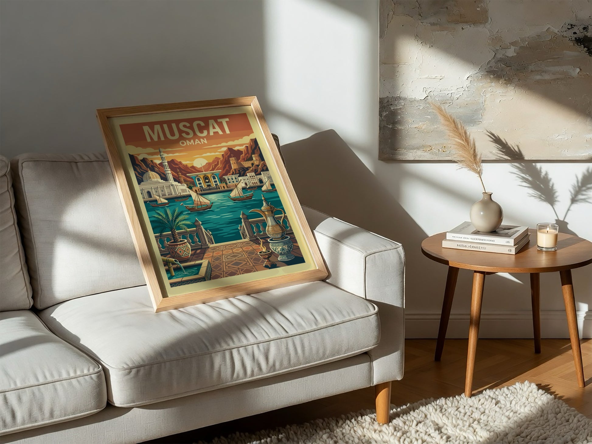 Vintage travel poster of Muscat, Oman, featuring dhow boats and mountains in a warm color palette.