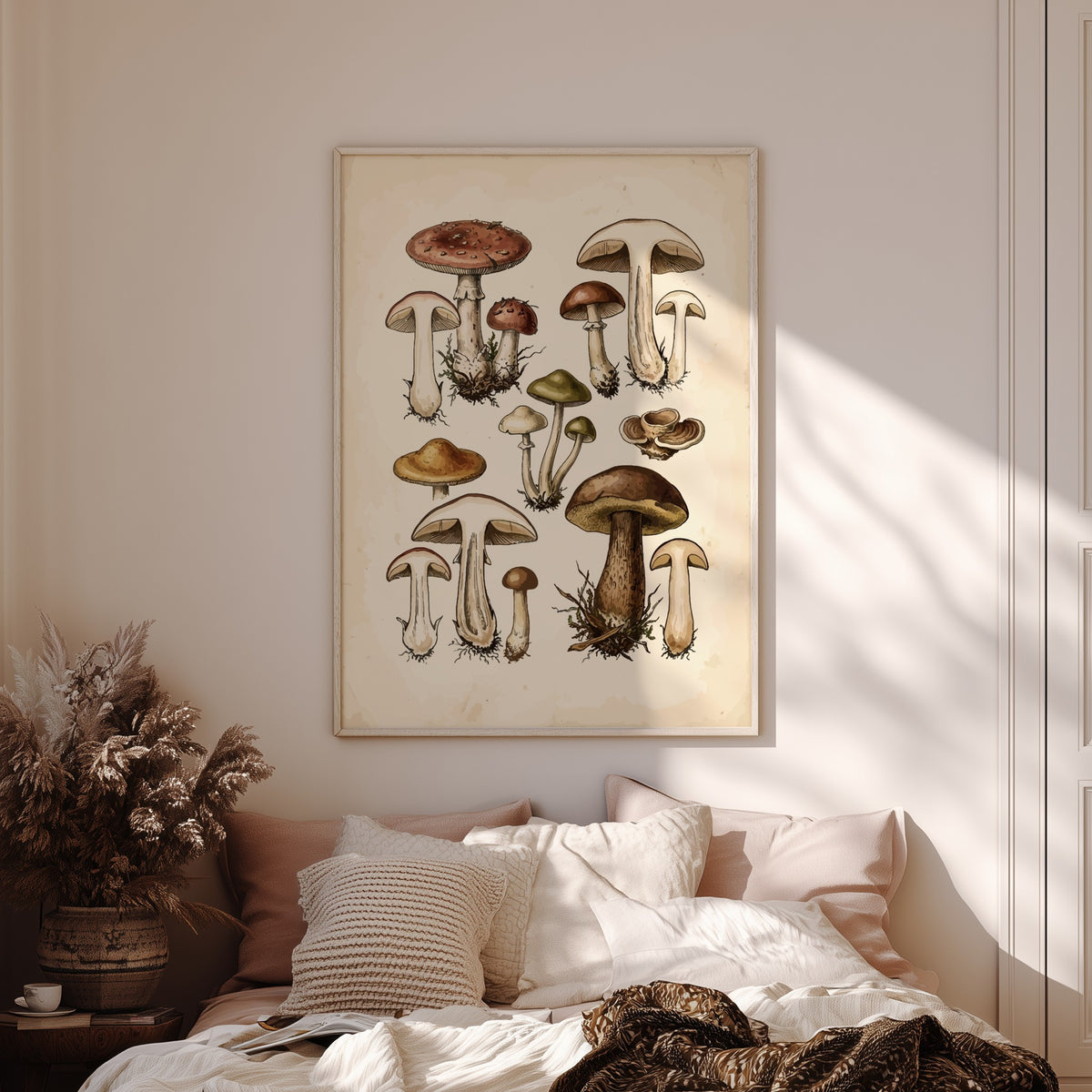 Poster displaying a collection of detailed vintage mushroom illustrations in earthy brown and green.