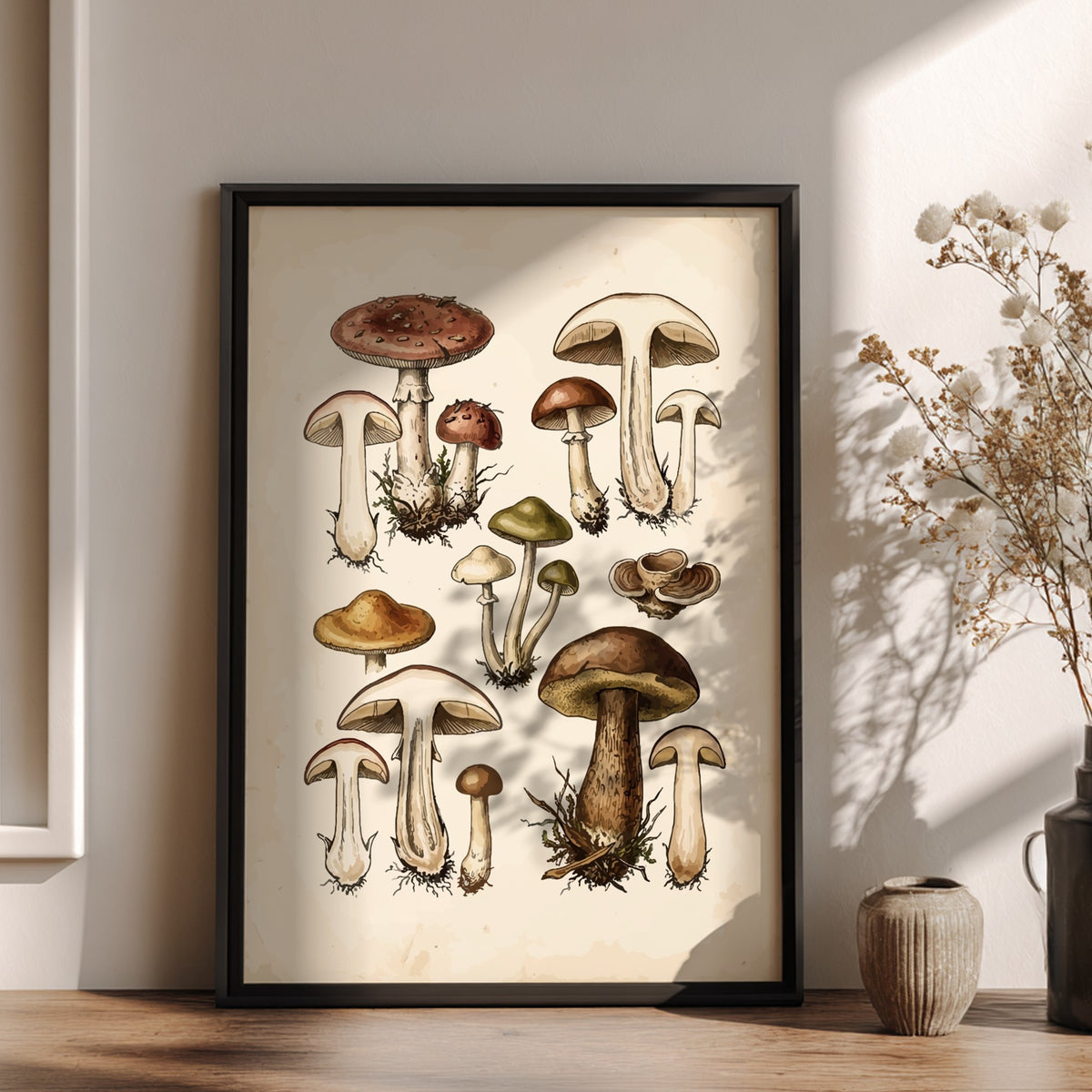 Poster displaying a collection of detailed vintage mushroom illustrations in earthy brown and green.