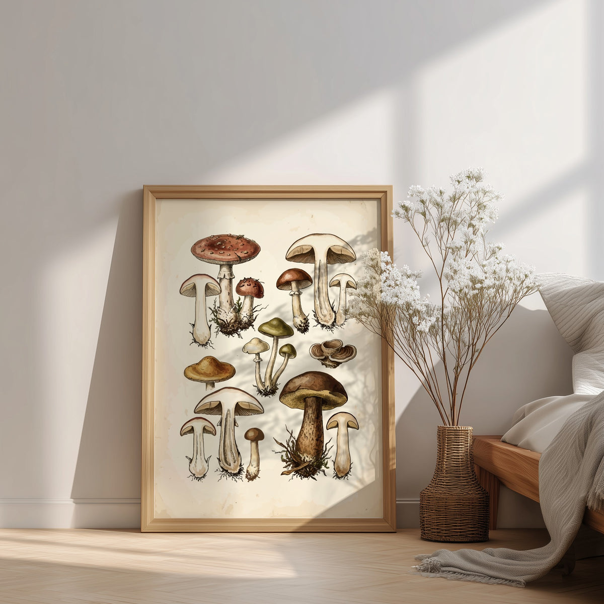Poster displaying a collection of detailed vintage mushroom illustrations in earthy brown and green.