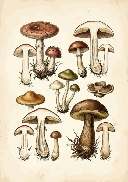 Poster displaying a collection of detailed vintage mushroom illustrations in earthy brown and green.