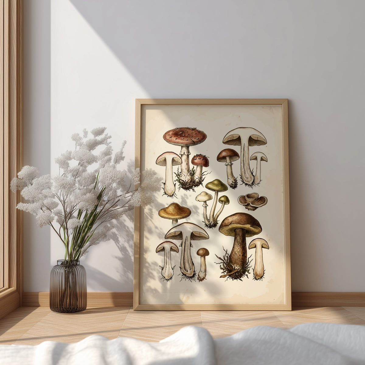 Poster displaying a collection of detailed vintage mushroom illustrations in earthy brown and green.