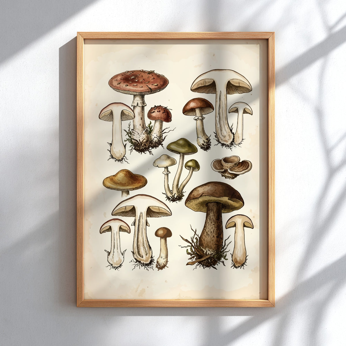 Poster displaying a collection of detailed vintage mushroom illustrations in earthy brown and green.