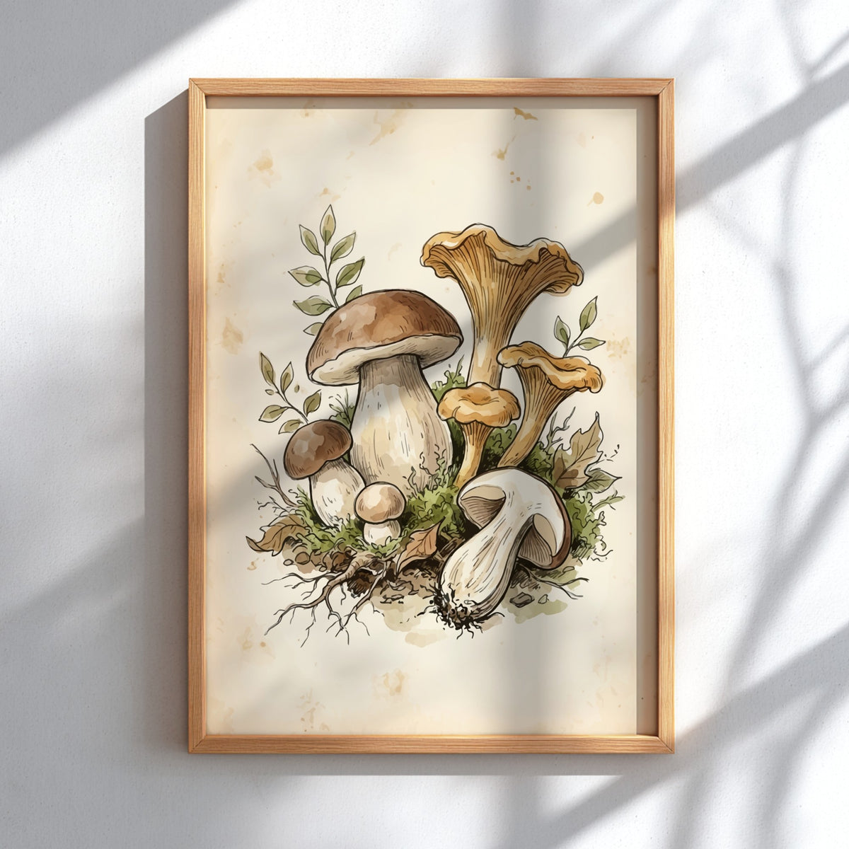 Poster featuring a detailed watercolour illustration of wild mushrooms on a vintage cream background