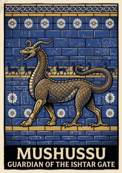 Poster of the golden Mushussu dragon against a blue brick wall with floral patterns.