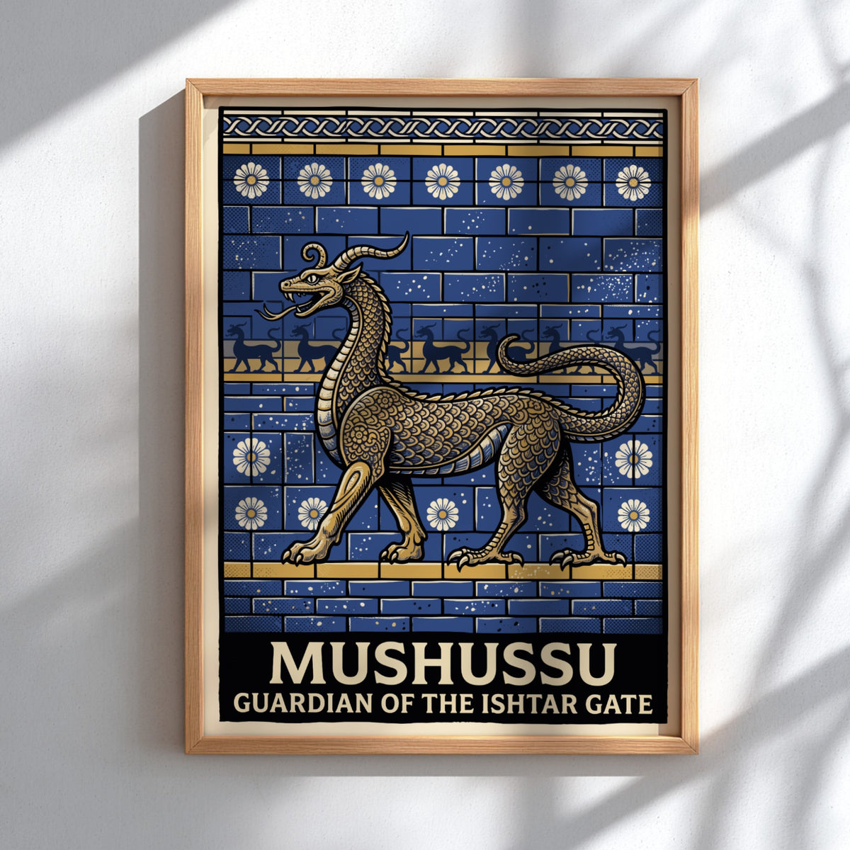 Poster of the golden Mushussu dragon against a blue brick wall with floral patterns.