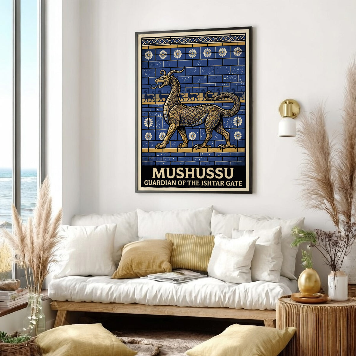 Poster of the golden Mushussu dragon against a blue brick wall with floral patterns.