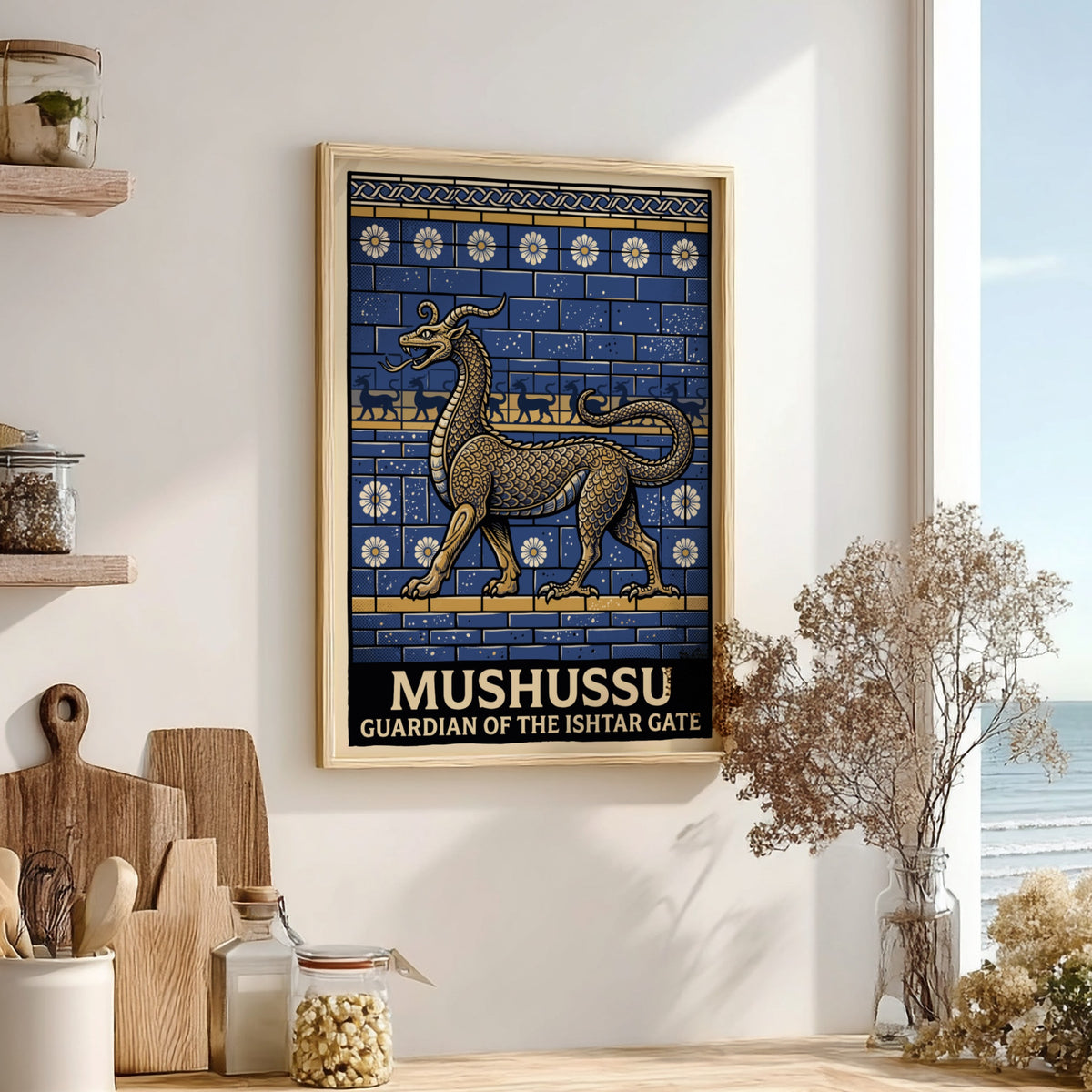 Poster of the golden Mushussu dragon against a blue brick wall with floral patterns.