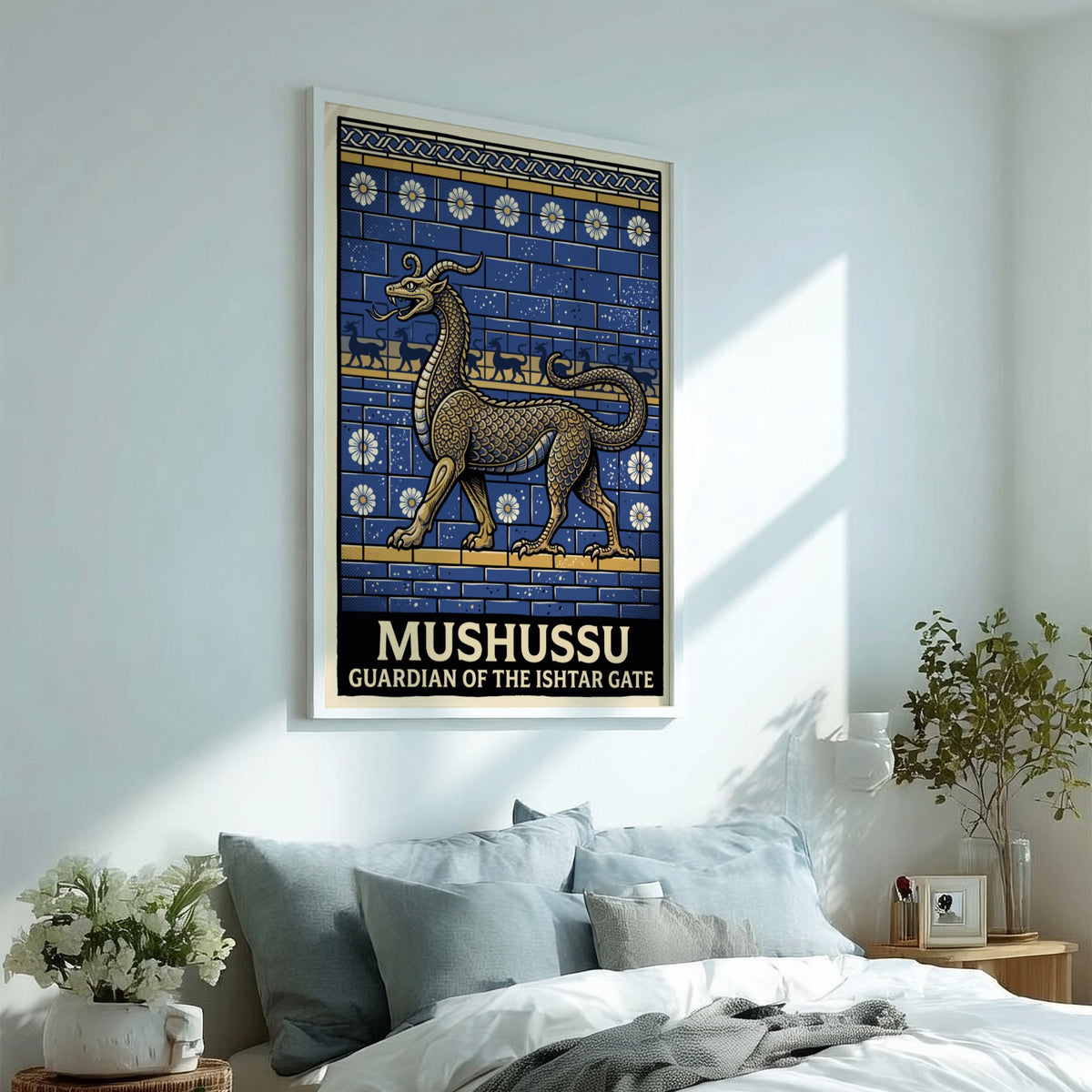 Poster of the golden Mushussu dragon against a blue brick wall with floral patterns.