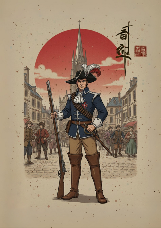 Illustration of a historical figure in uniform with a cityscape background