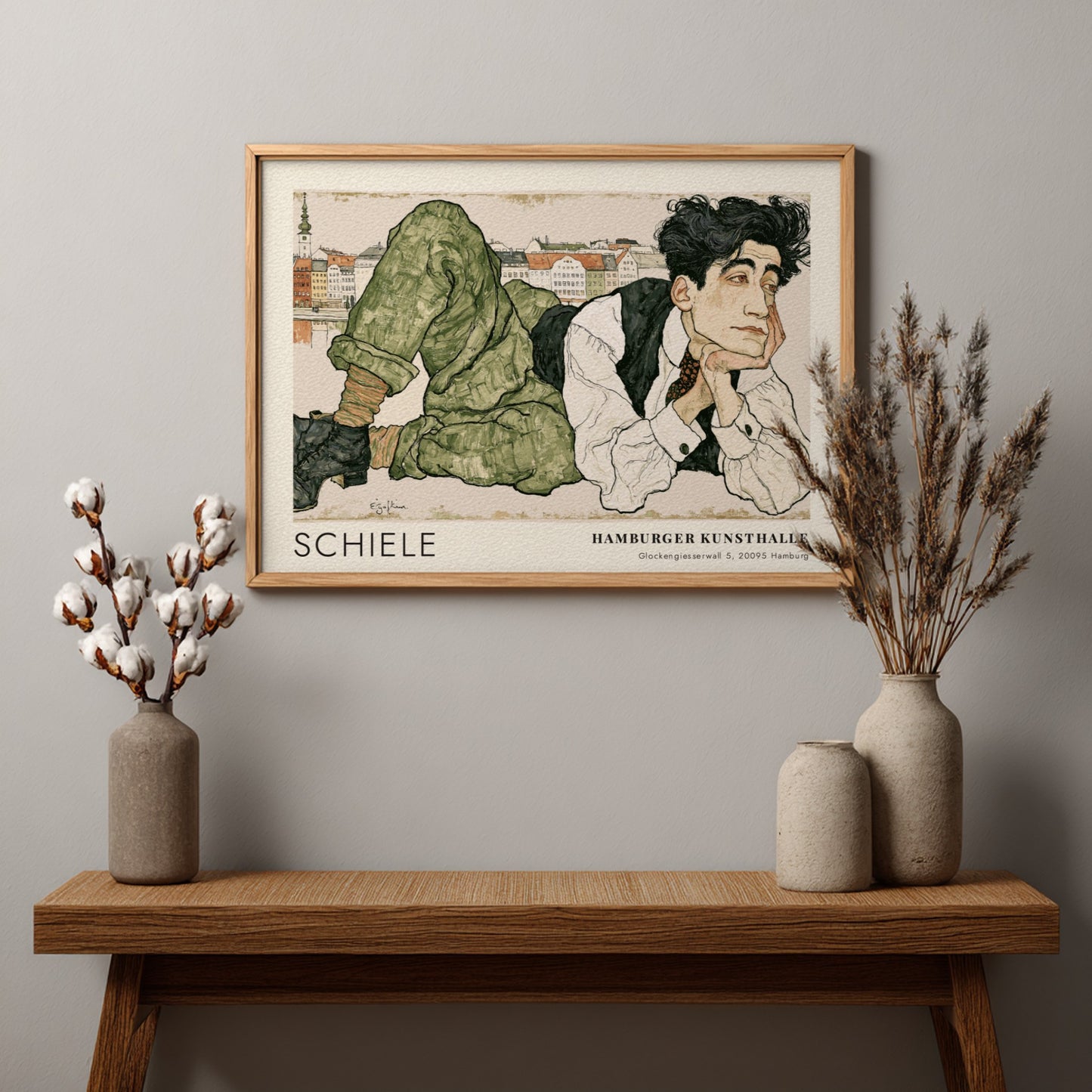 Wall art poster featuring Egon Schiele portrait with Hamburger Kunsthalle text in frame