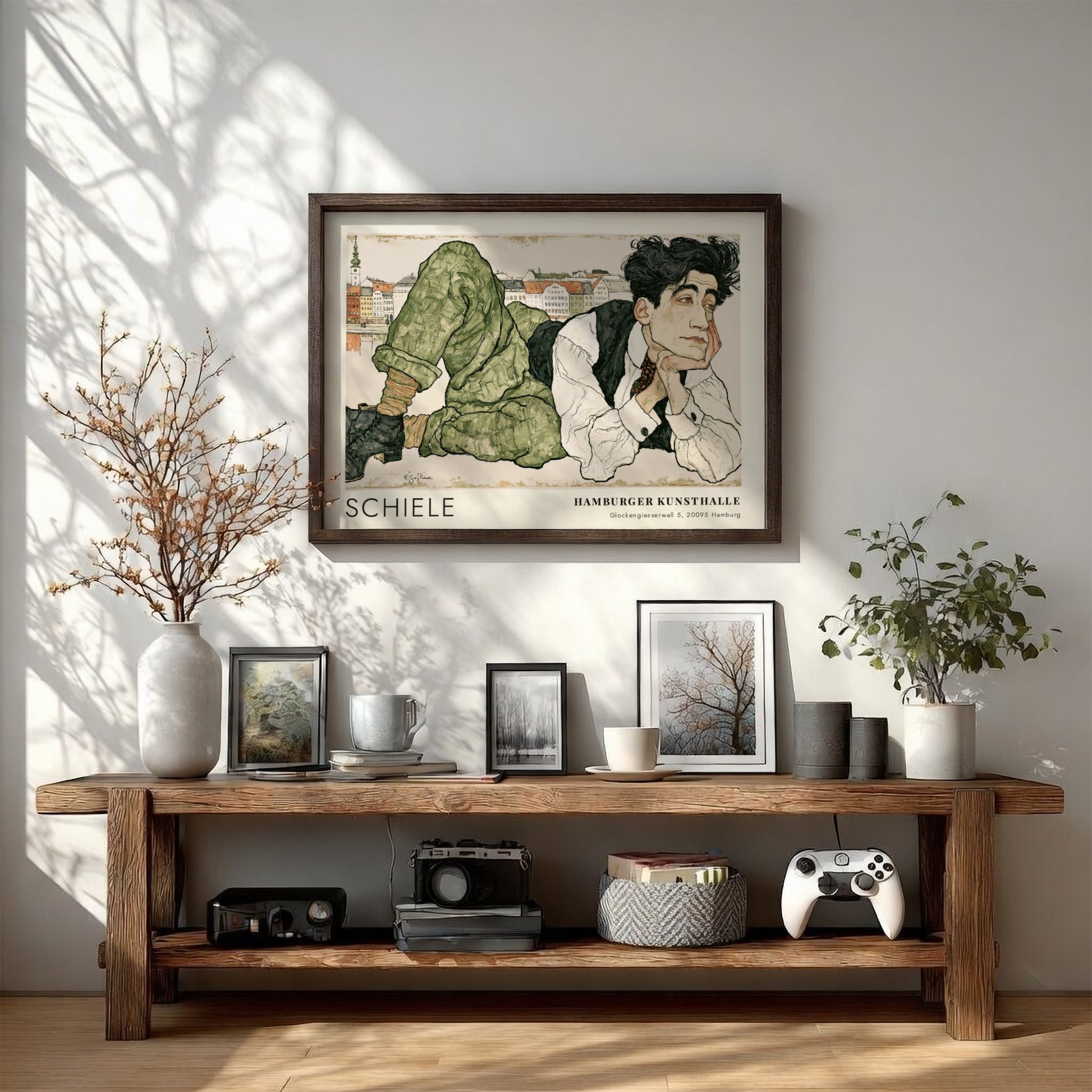 Wall art poster featuring Egon Schiele portrait with Hamburger Kunsthalle text in frame