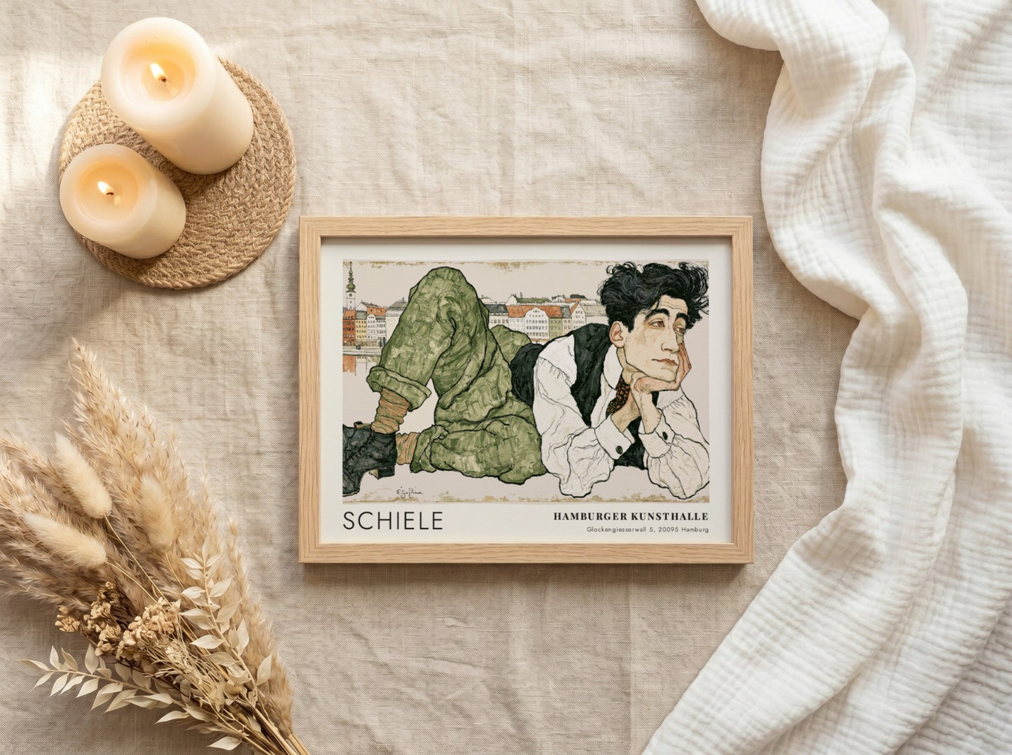 Wall art poster featuring Egon Schiele portrait with Hamburger Kunsthalle text in frame