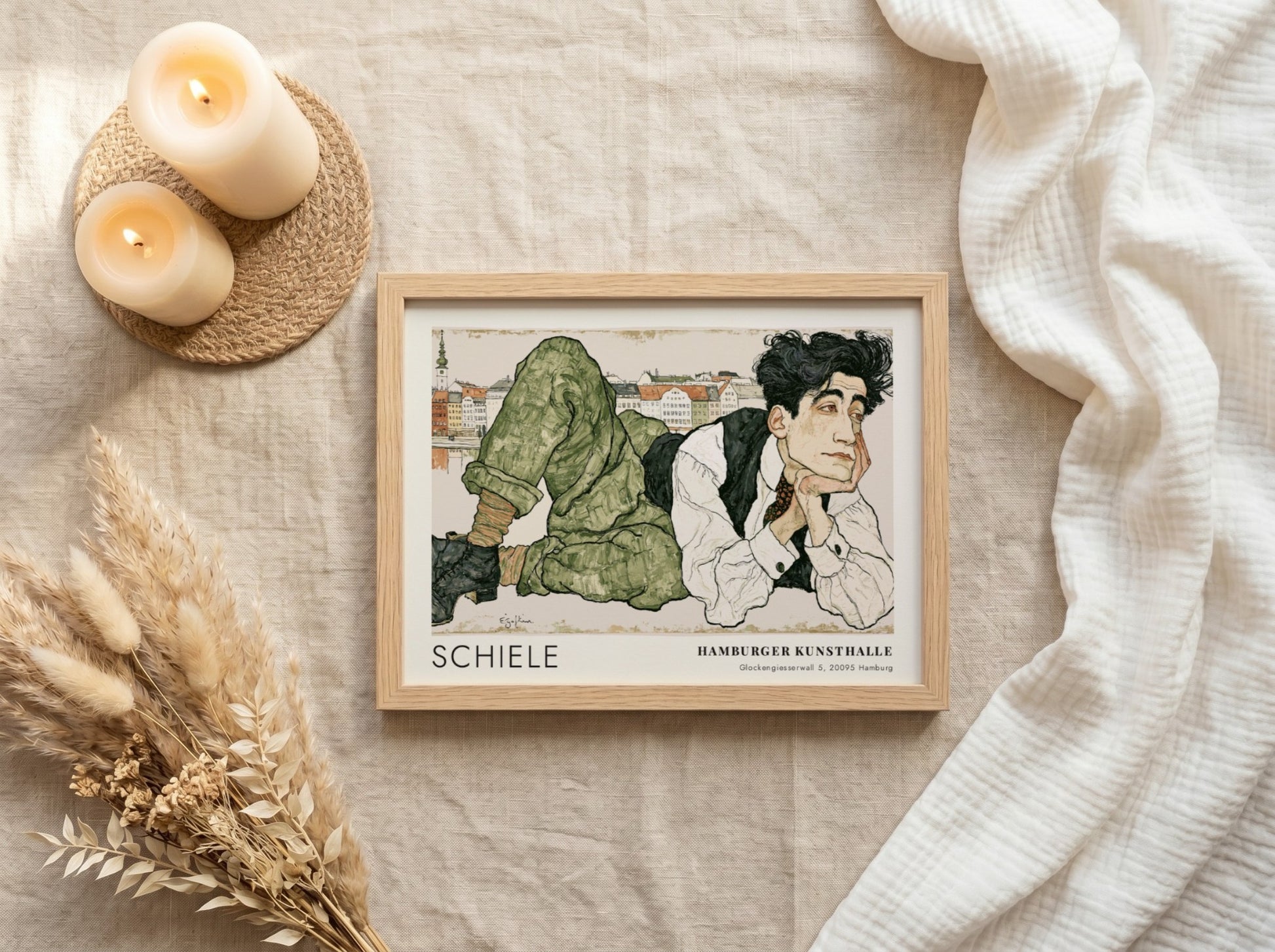 Wall art poster featuring Egon Schiele portrait with Hamburger Kunsthalle text in frame
