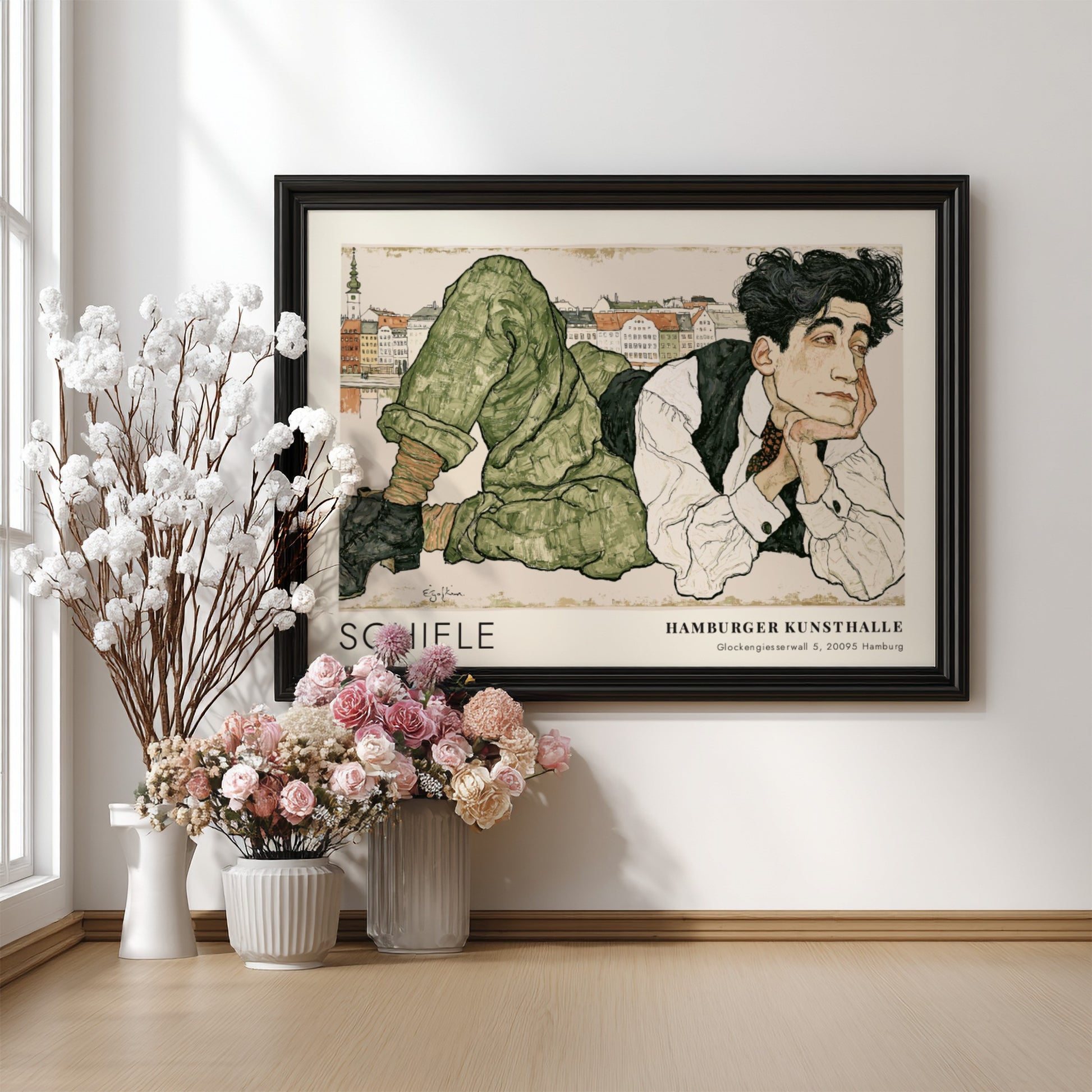 Wall art poster featuring Egon Schiele portrait with Hamburger Kunsthalle text in frame