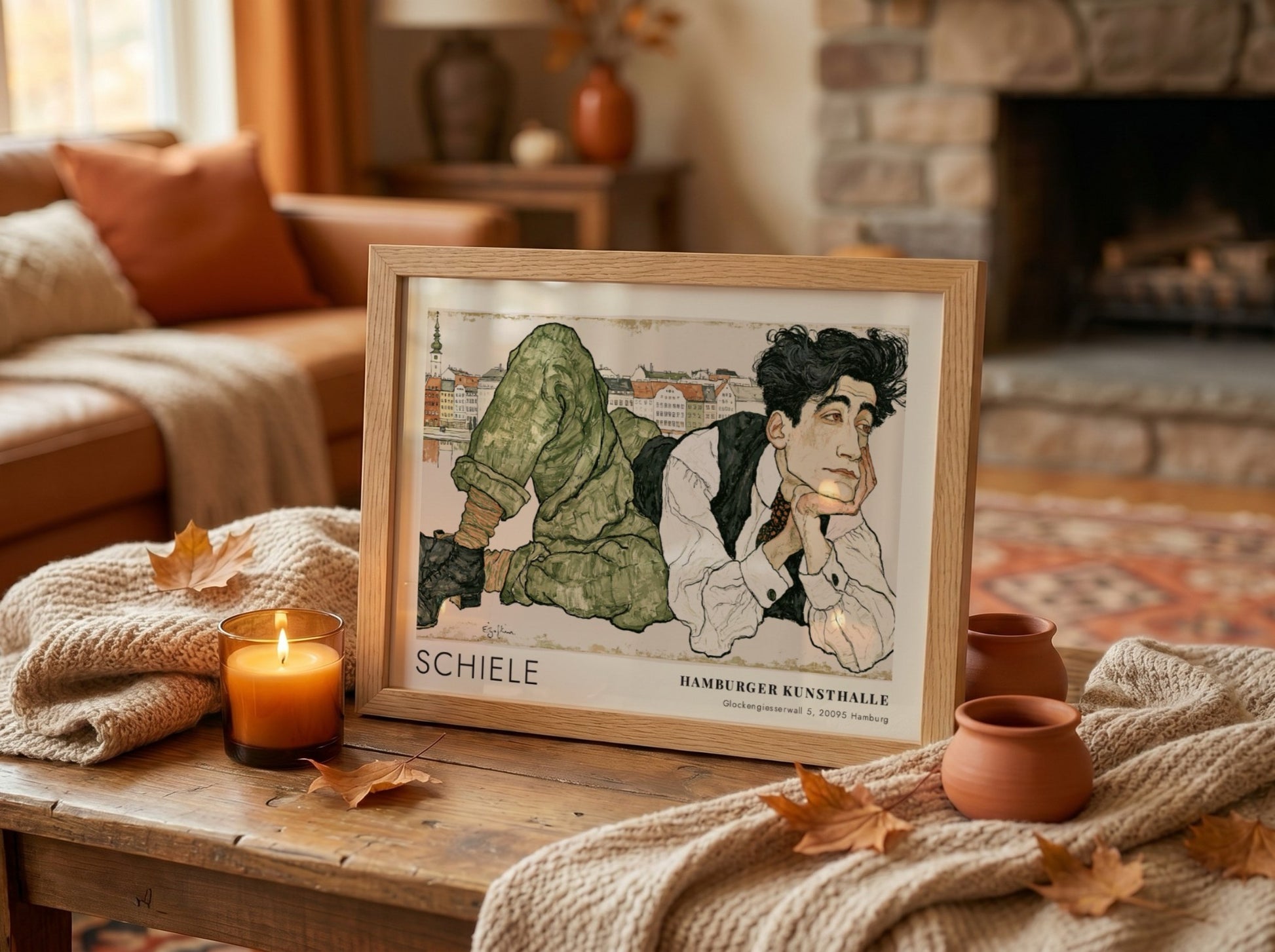 Wall art poster featuring Egon Schiele portrait with Hamburger Kunsthalle text in frame