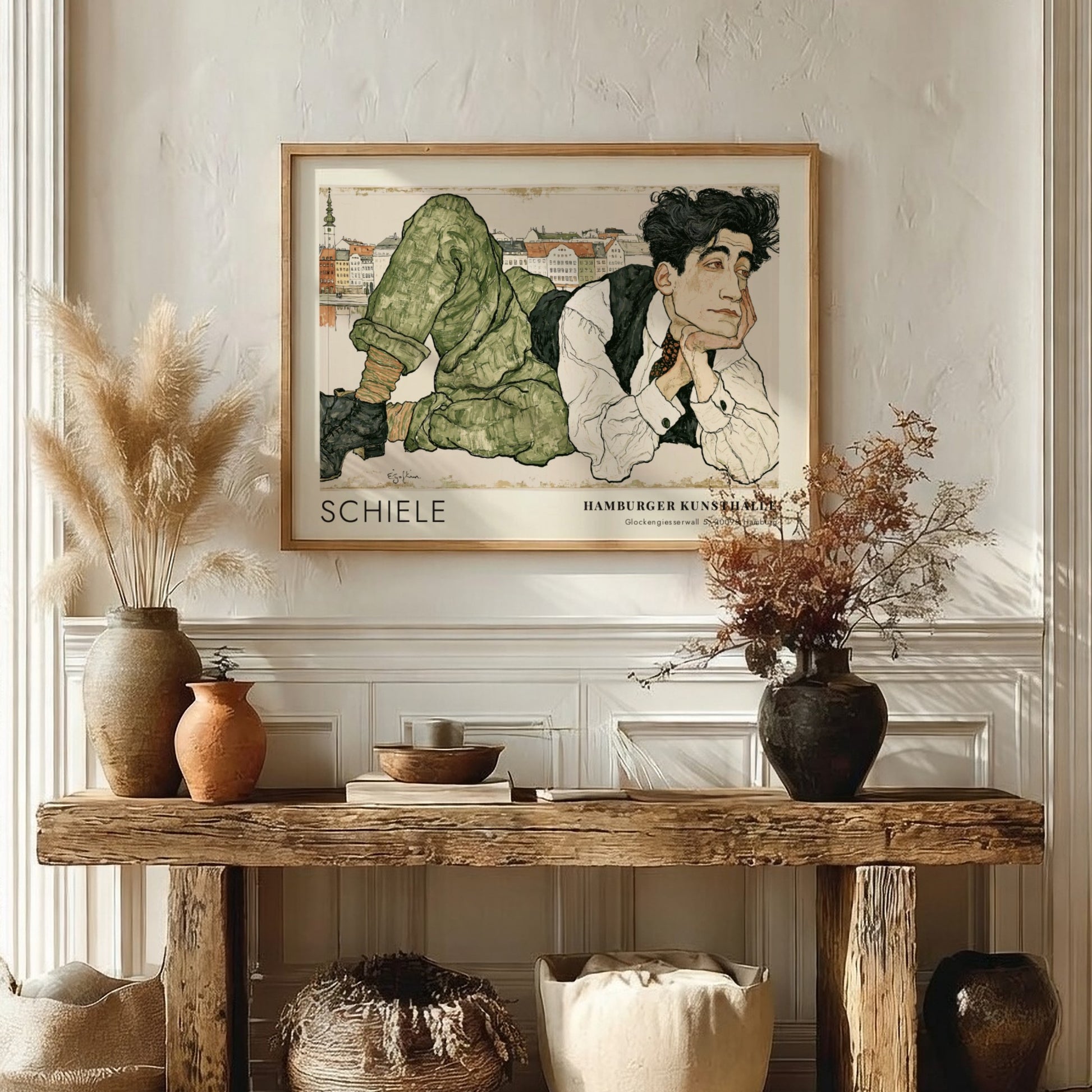 Wall art poster featuring Egon Schiele portrait with Hamburger Kunsthalle text in frame