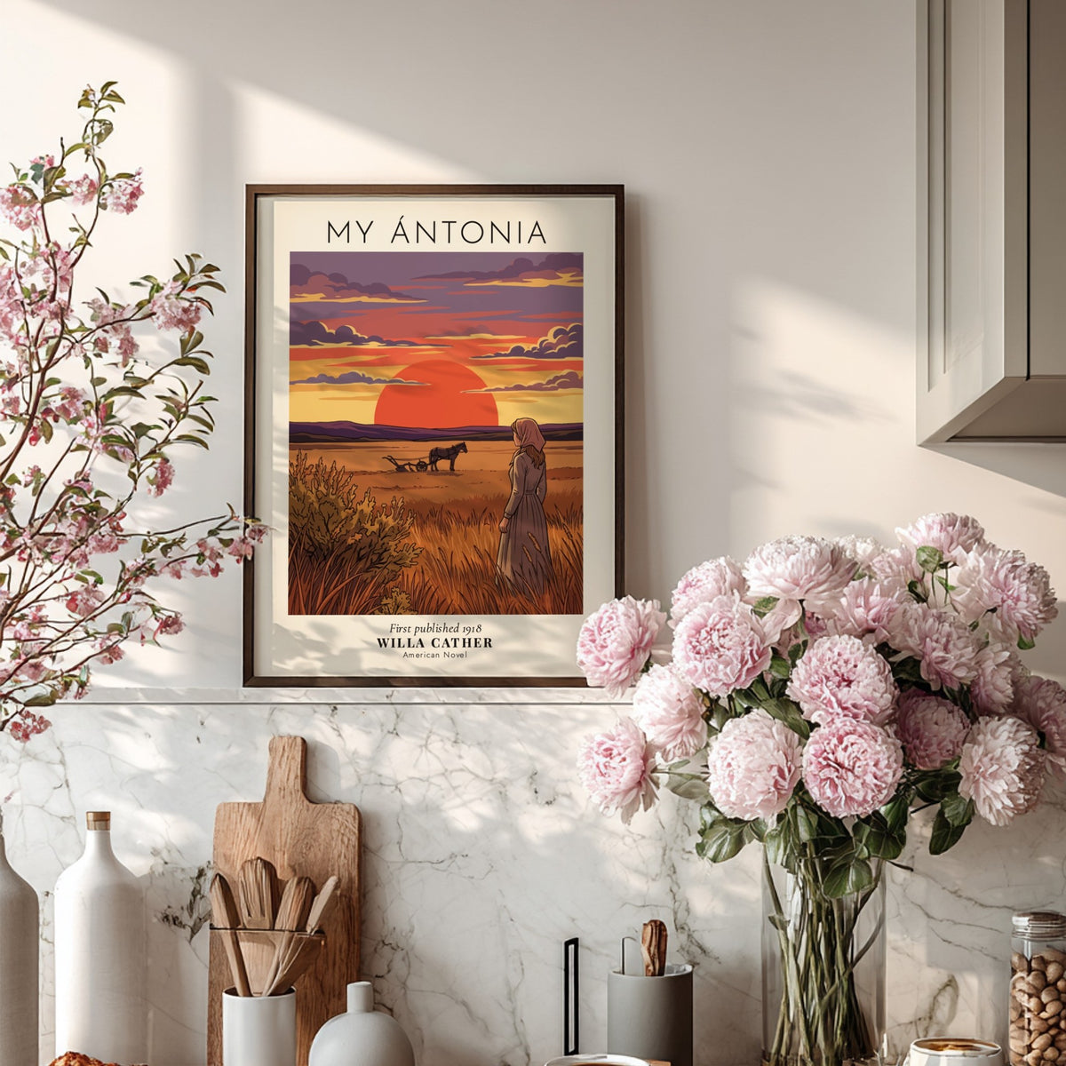 Poster featuring a woman standing in a golden wheat field during a sunset