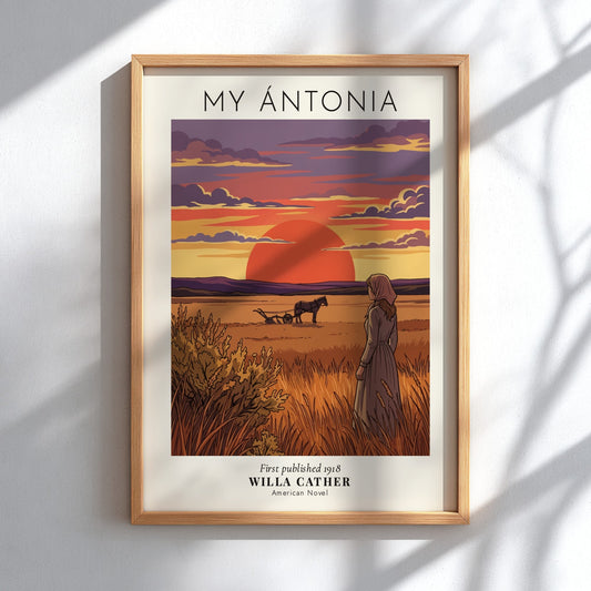 Poster featuring a woman standing in a golden wheat field during a sunset