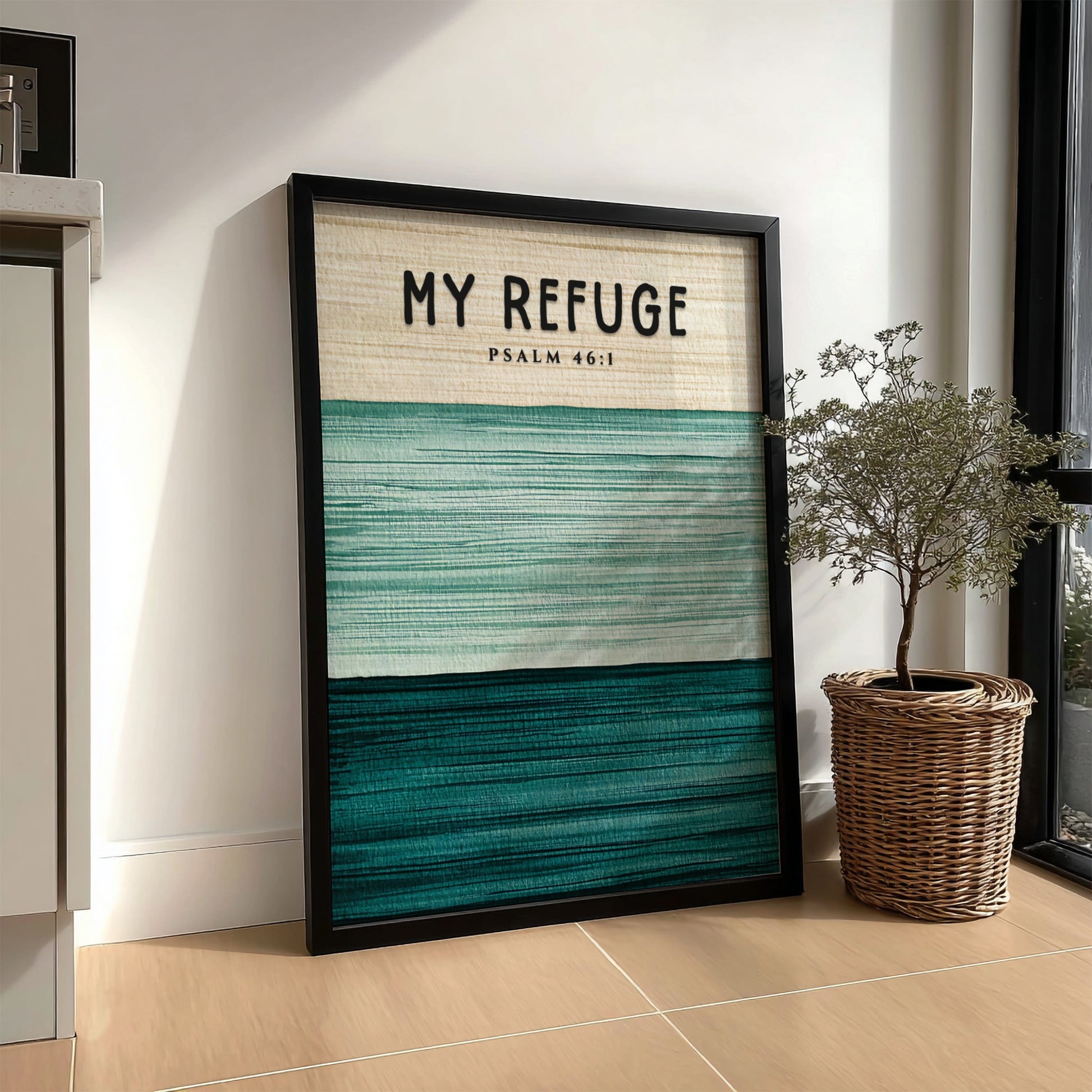 My Refuge poster featuring Psalm 46:1 in soft greens, minimalist wall art for spiritual inspiration