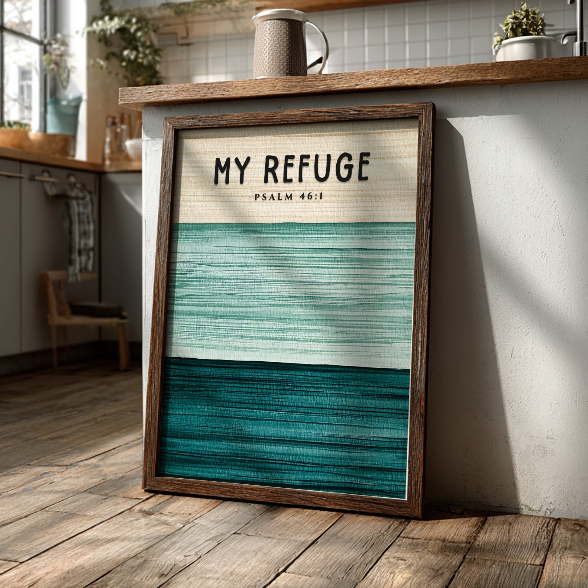 My Refuge poster featuring Psalm 46:1 in soft greens, minimalist wall art for spiritual inspiration