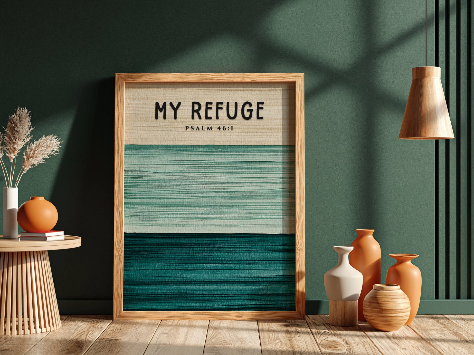 My Refuge poster featuring Psalm 46:1 in soft greens, minimalist wall art for spiritual inspiration