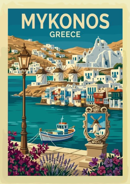 Mykonos travel poster featuring whitewashed buildings, windmills, and a boat in Greece. Vibrant blues and