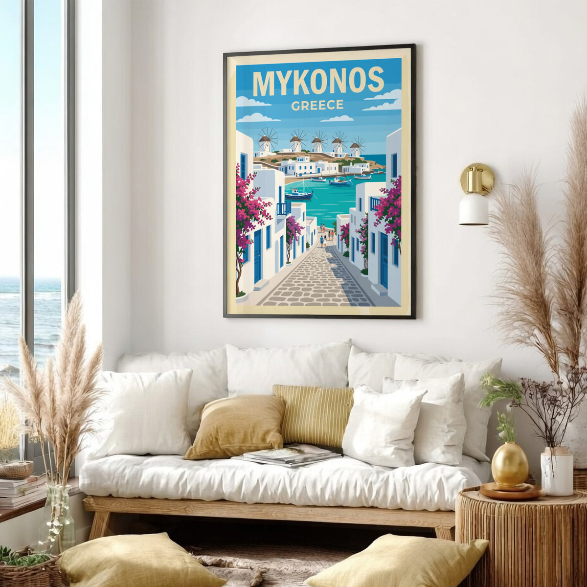 Travel poster of Mykonos Greece showing white buildings blue water and pink flowers