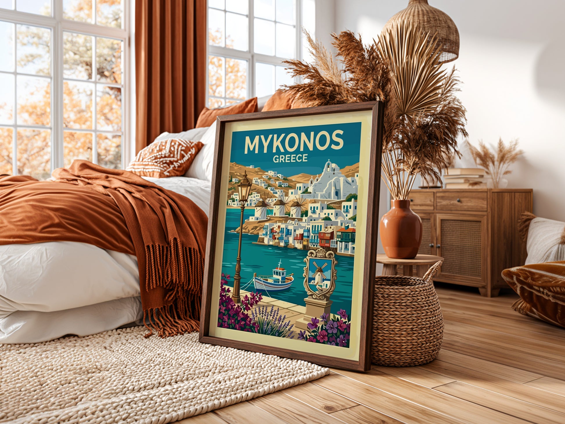 Mykonos travel poster featuring whitewashed buildings, windmills, and a boat in Greece. Vibrant blues and