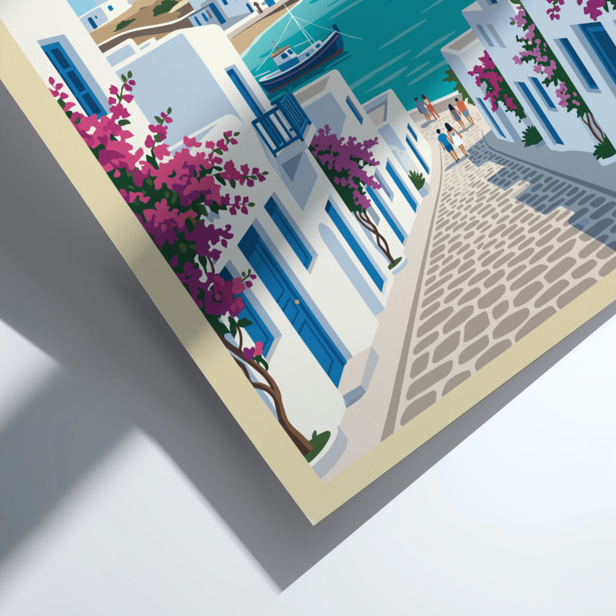 Travel poster of Mykonos Greece showing white buildings blue water and pink flowers