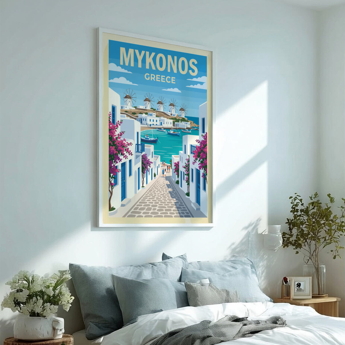 Travel poster of Mykonos Greece showing white buildings blue water and pink flowers