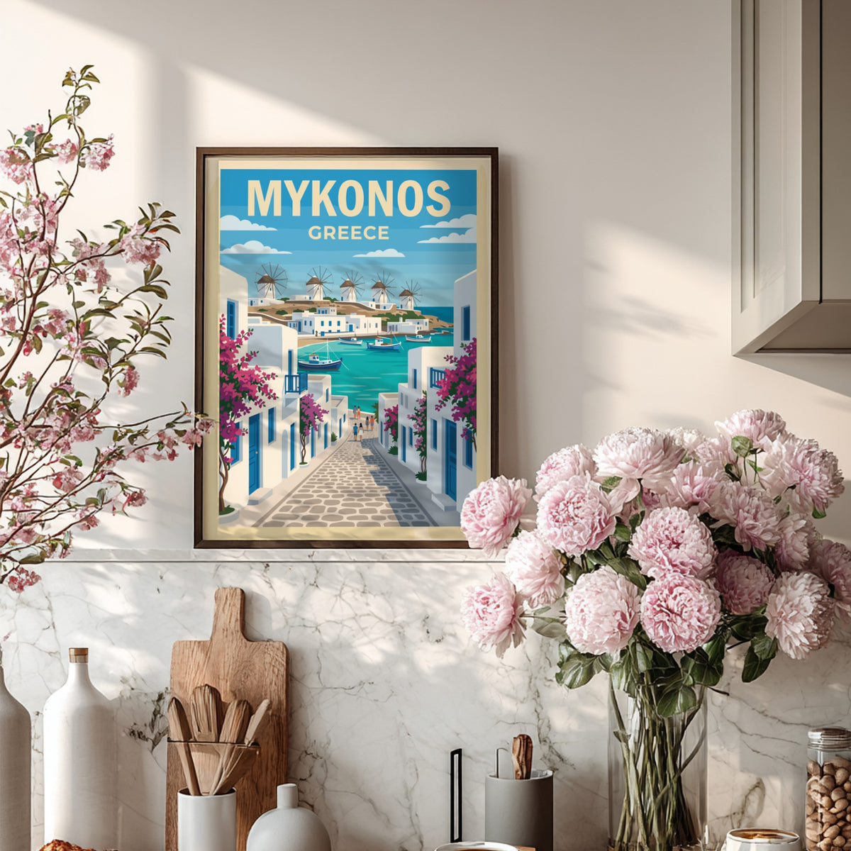 Travel poster of Mykonos Greece showing white buildings blue water and pink flowers