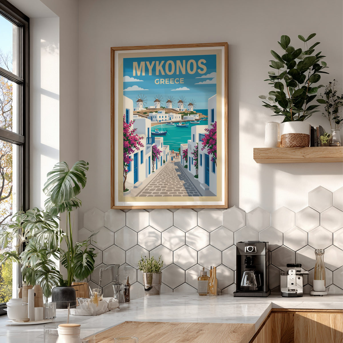 Travel poster of Mykonos Greece showing white buildings blue water and pink flowers