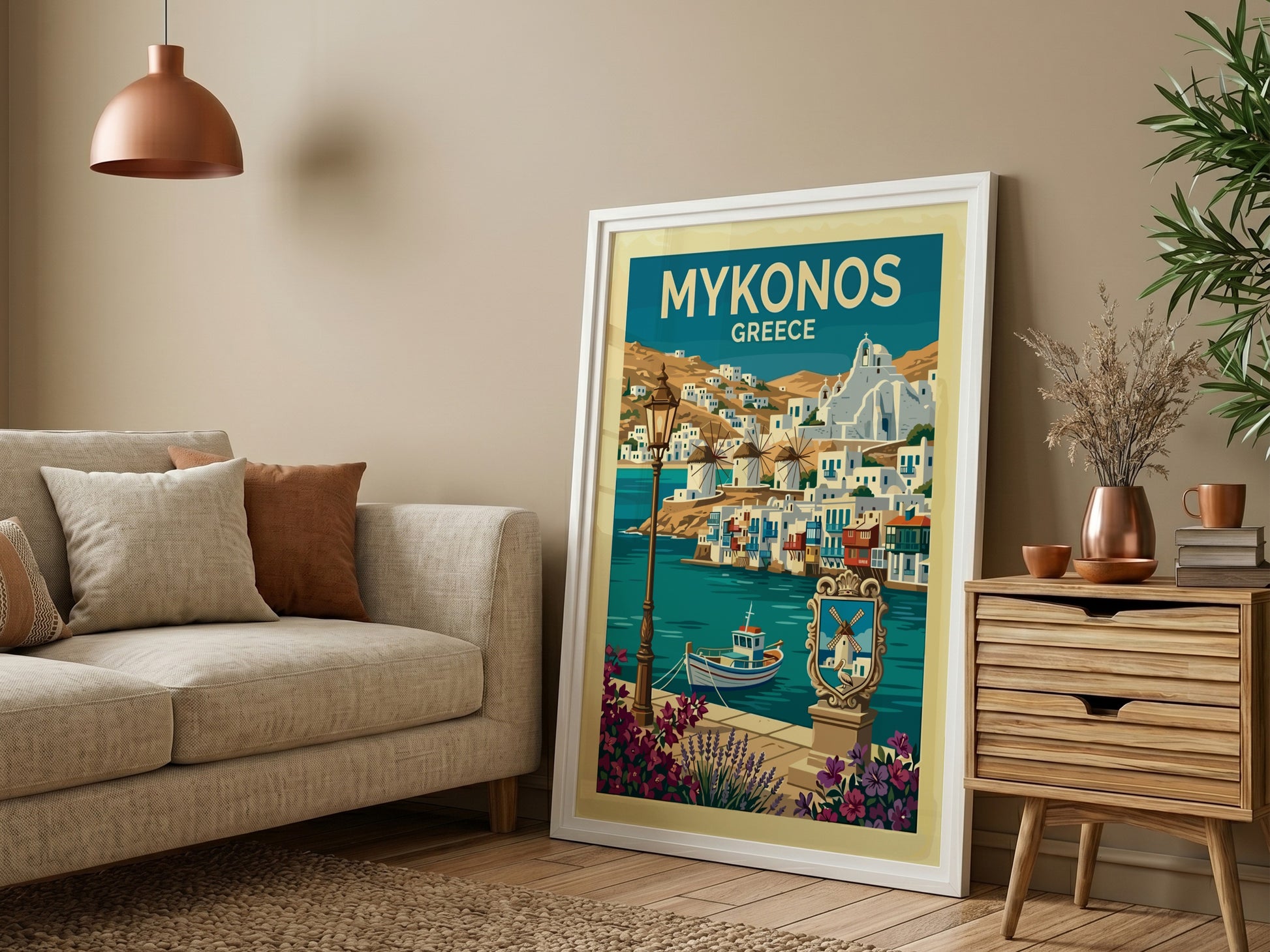 Mykonos travel poster featuring whitewashed buildings, windmills, and a boat in Greece. Vibrant blues and