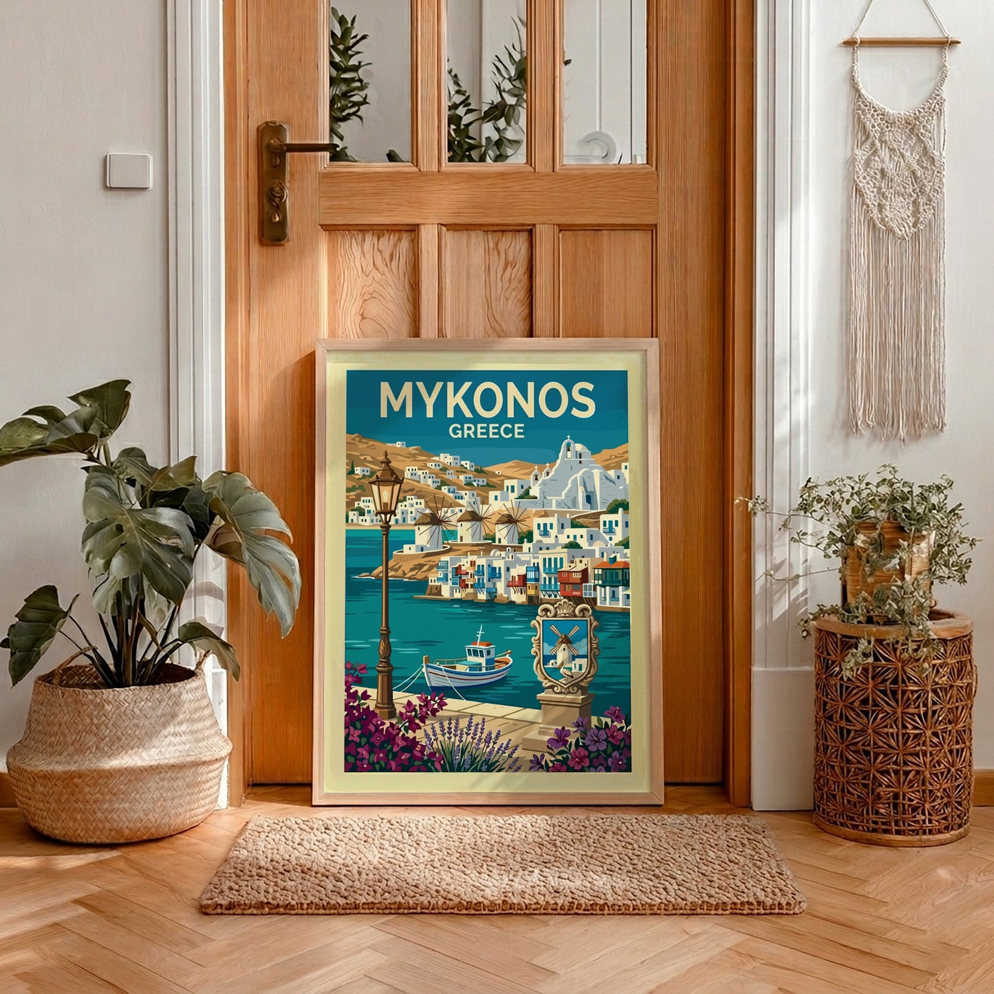 Mykonos travel poster featuring whitewashed buildings, windmills, and a boat in Greece. Vibrant blues and