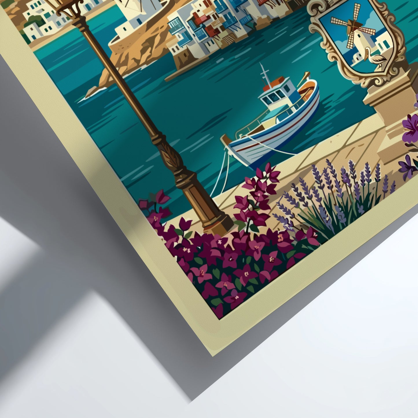 Mykonos travel poster featuring whitewashed buildings, windmills, and a boat in Greece. Vibrant blues and