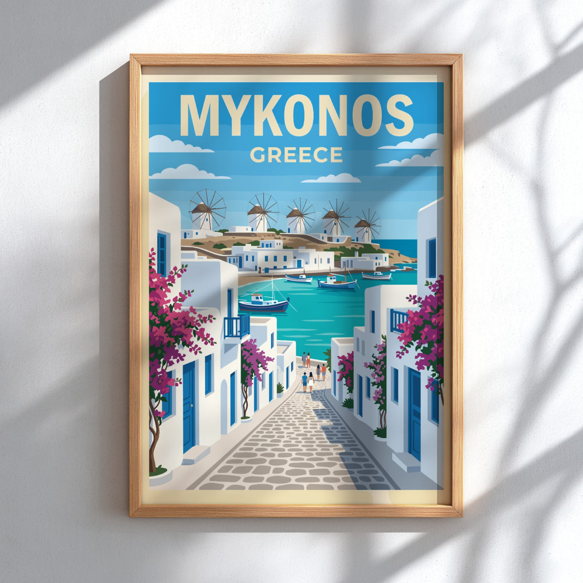 Travel poster of Mykonos Greece showing white buildings blue water and pink flowers